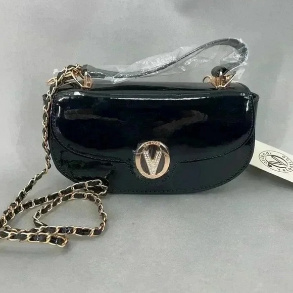 NWT! $210 Elegant Valentino Orlandi Black Patent Leather Crossbody Bag - Picture 1 of 2